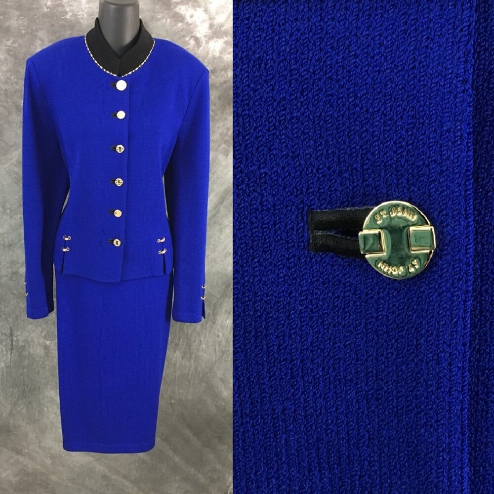 BEAUTIFUL St John collection knit blue black multi jacket skirt suit size 12 14